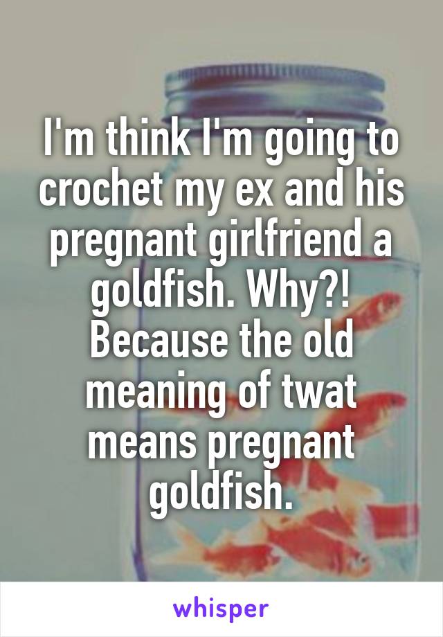 I'm think I'm going to crochet my ex and his pregnant girlfriend a goldfish. Why?! Because the old meaning of twat means pregnant goldfish.