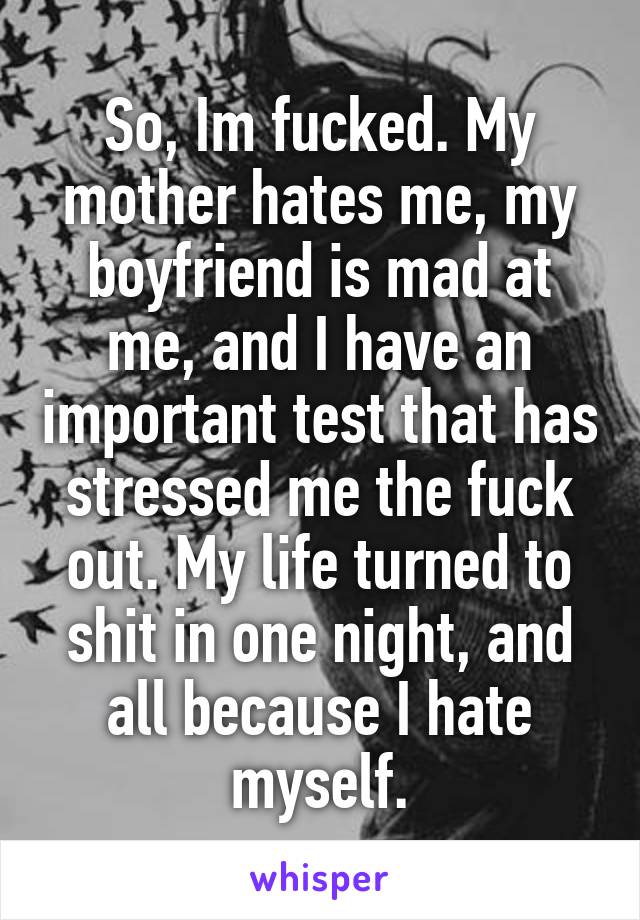 So, Im fucked. My mother hates me, my boyfriend is mad at me, and I have an important test that has stressed me the fuck out. My life turned to shit in one night, and all because I hate myself.