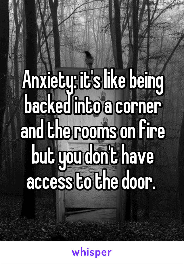 Anxiety: it's like being backed into a corner and the rooms on fire but you don't have access to the door. 