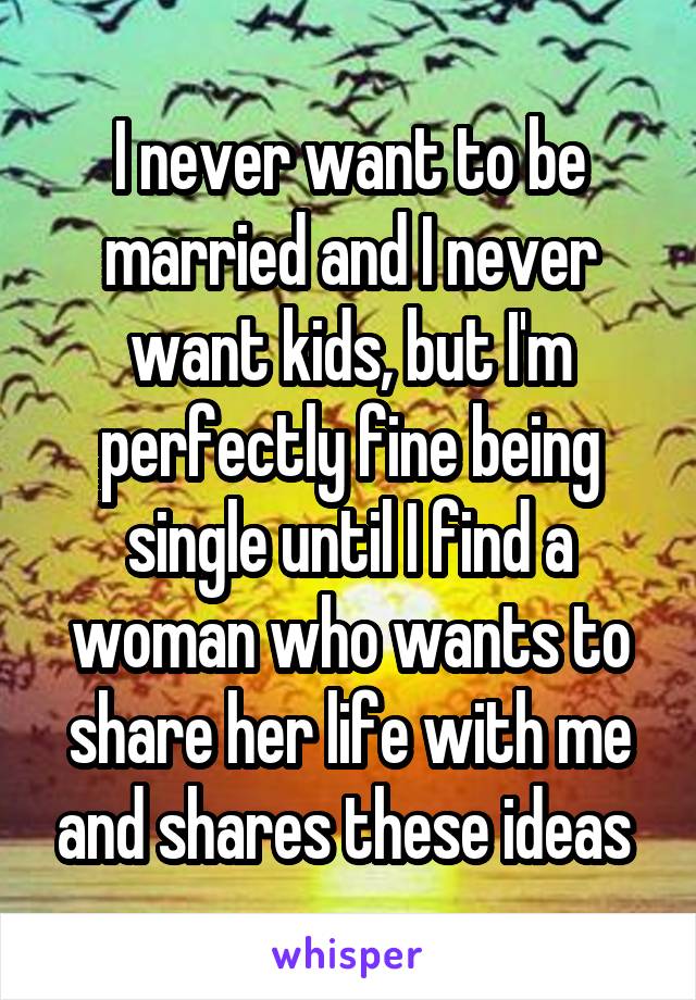 I never want to be married and I never want kids, but I'm perfectly fine being single until I find a woman who wants to share her life with me and shares these ideas 