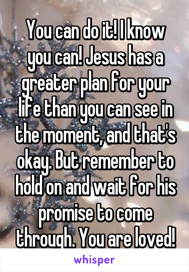 You can do it! I know you can! Jesus has a greater plan for your life than you can see in the moment, and that's okay. But remember to hold on and wait for his promise to come through. You are loved!