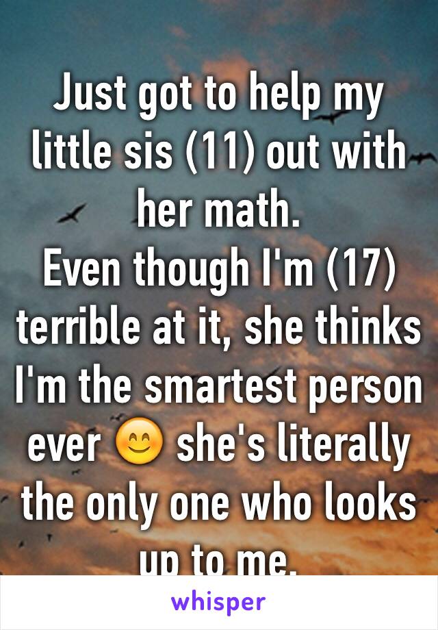 Just got to help my little sis (11) out with her math. 
Even though I'm (17) terrible at it, she thinks I'm the smartest person ever 😊 she's literally the only one who looks up to me. 