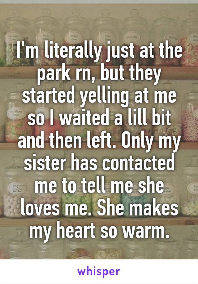 I'm literally just at the park rn, but they started yelling at me so I waited a lill bit and then left. Only my sister has contacted me to tell me she loves me. She makes my heart so warm.