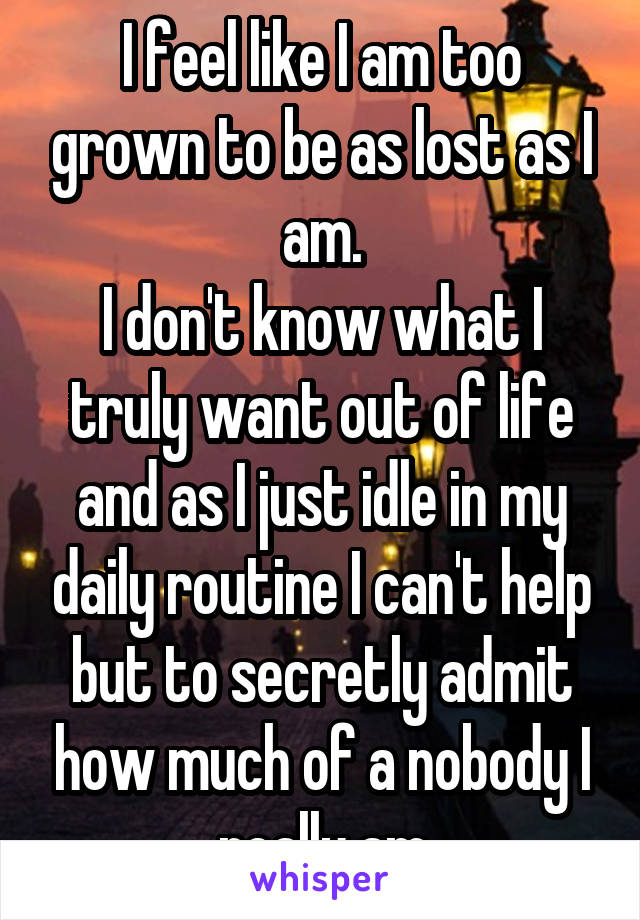 I feel like I am too grown to be as lost as I am.
I don't know what I truly want out of life and as I just idle in my daily routine I can't help but to secretly admit how much of a nobody I really am