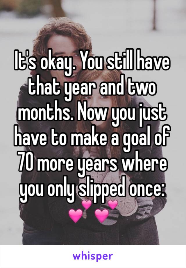 It's okay. You still have that year and two months. Now you just have to make a goal of 70 more years where you only slipped once: 💕💕