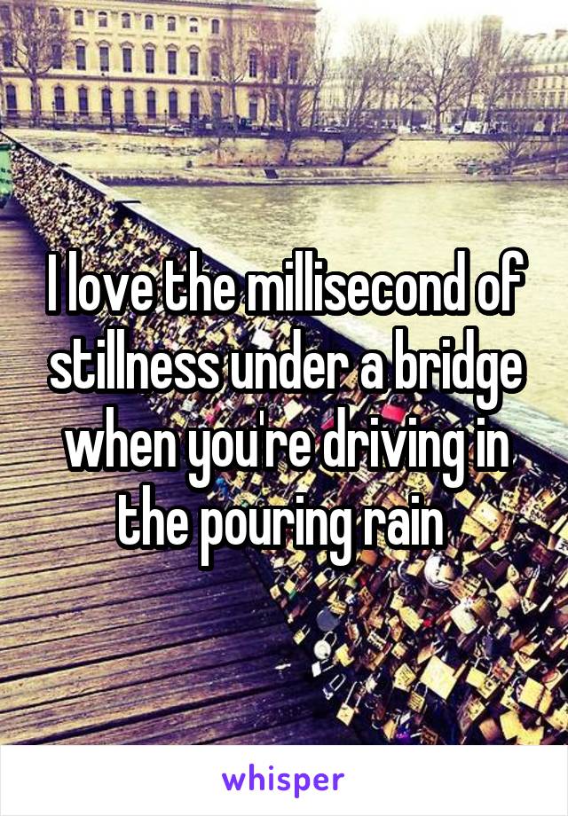 I love the millisecond of stillness under a bridge when you're driving in the pouring rain 
