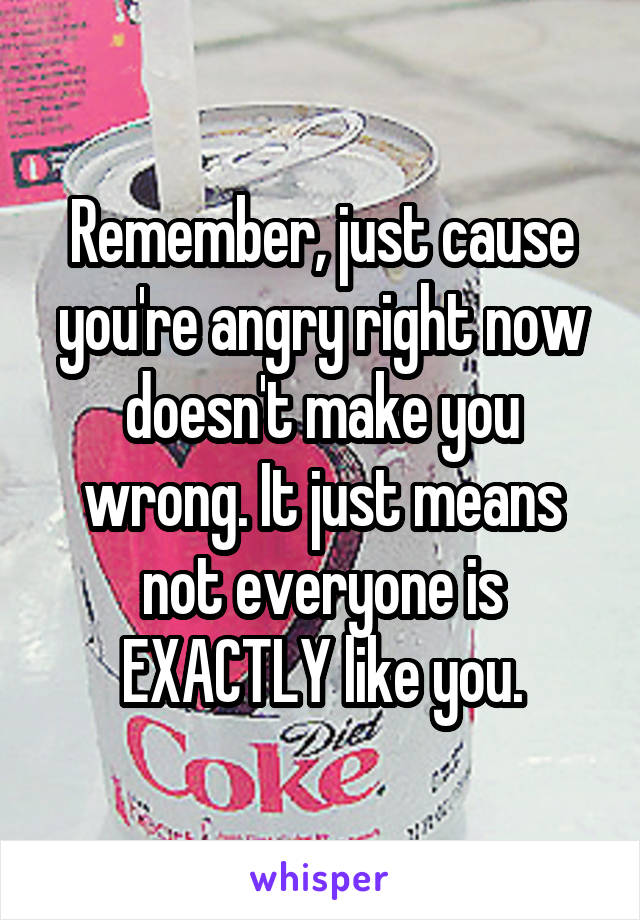 Remember, just cause you're angry right now doesn't make you wrong. It just means not everyone is EXACTLY like you.