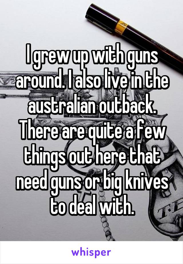 I grew up with guns around. I also live in the australian outback. There are quite a few things out here that need guns or big knives to deal with.