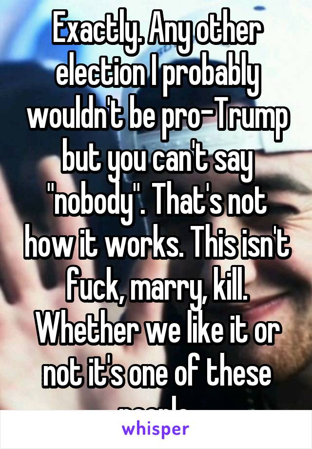 Exactly. Any other election I probably wouldn't be pro-Trump but you can't say "nobody". That's not how it works. This isn't fuck, marry, kill. Whether we like it or not it's one of these people 