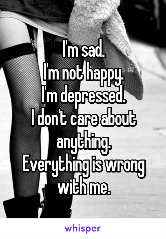 I'm sad.
I'm not happy.
I'm depressed.
I don't care about anything.
Everything is wrong with me.