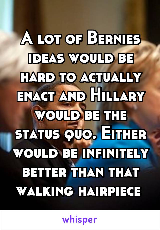 A lot of Bernies ideas would be hard to actually enact and Hillary would be the status quo. Either would be infinitely better than that walking hairpiece 