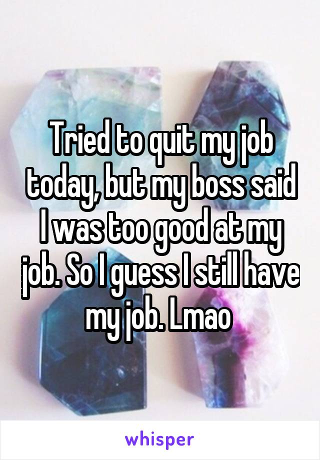 Tried to quit my job today, but my boss said I was too good at my job. So I guess I still have my job. Lmao 