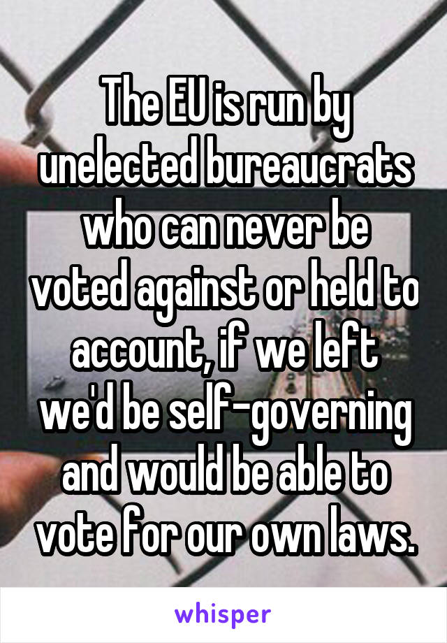 The EU is run by unelected bureaucrats who can never be voted against or held to account, if we left we'd be self-governing and would be able to vote for our own laws.