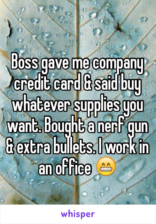 Boss gave me company credit card & said buy whatever supplies you want. Bought a nerf gun & extra bullets. I work in an office 😁