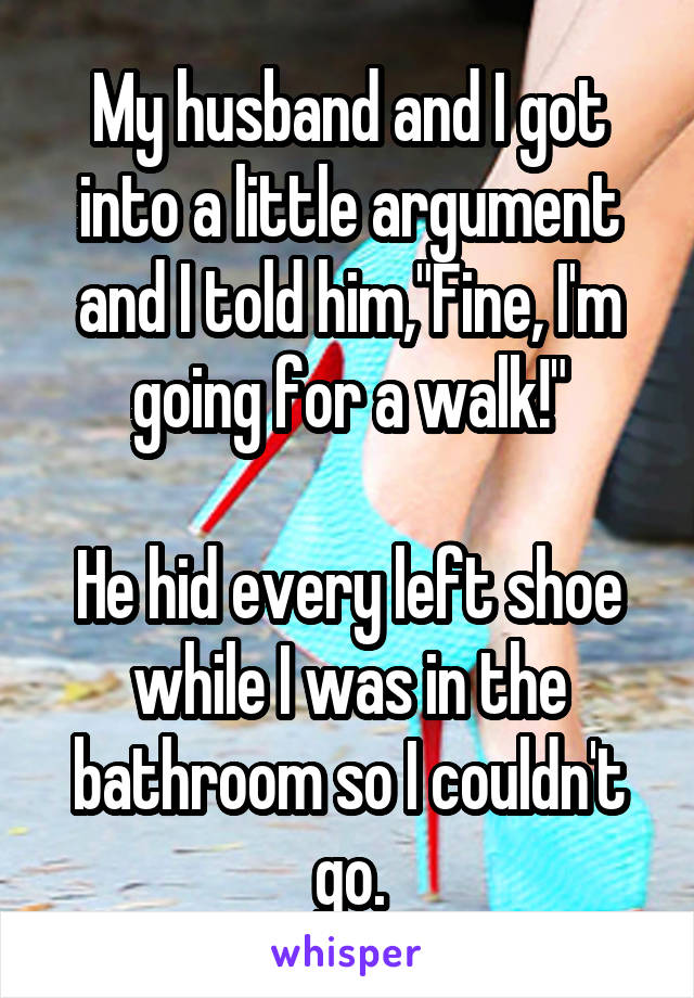 My husband and I got into a little argument and I told him,"Fine, I'm going for a walk!"

He hid every left shoe while I was in the bathroom so I couldn't go.