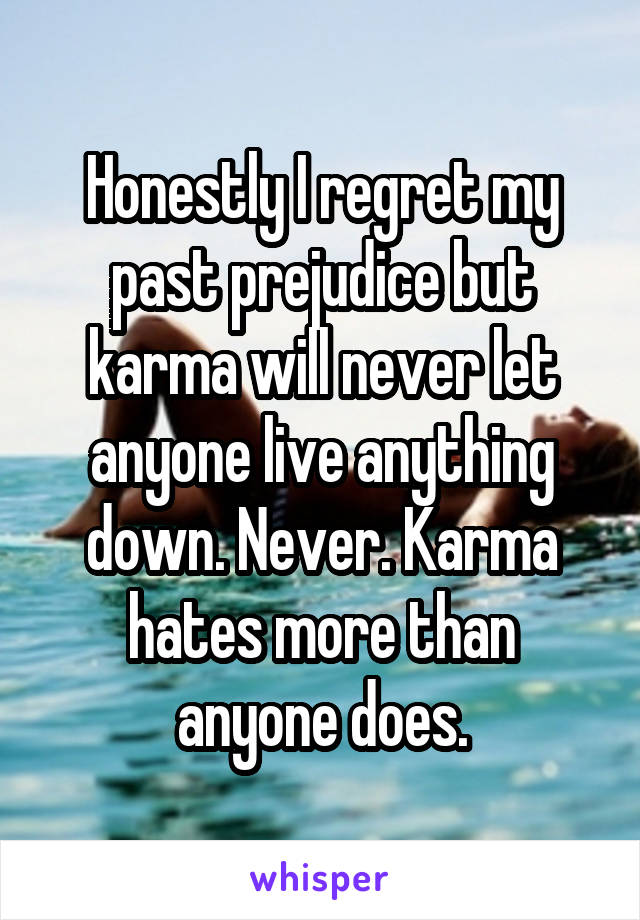 Honestly I regret my past prejudice but karma will never let anyone live anything down. Never. Karma hates more than anyone does.