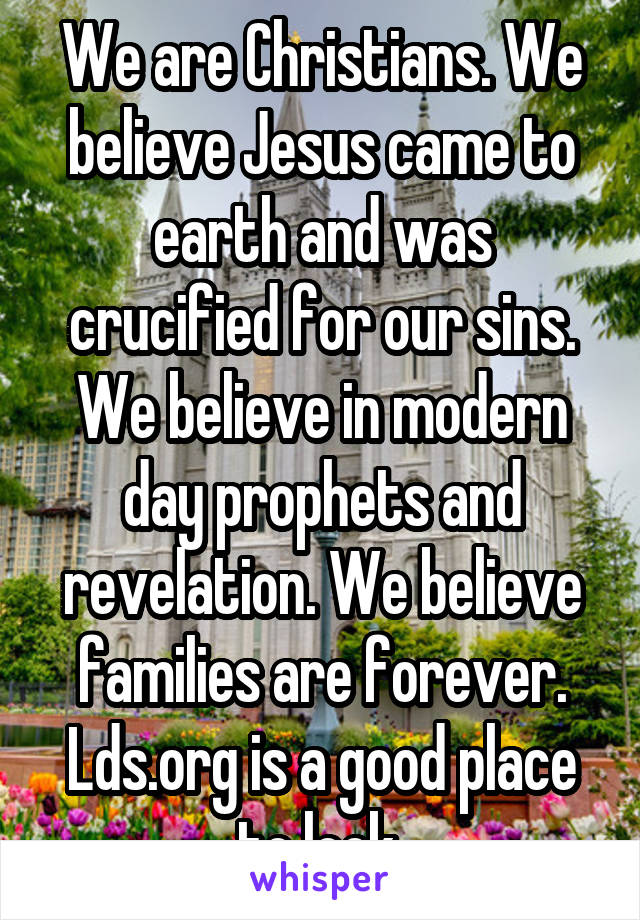 We are Christians. We believe Jesus came to earth and was crucified for our sins. We believe in modern day prophets and revelation. We believe families are forever. Lds.org is a good place to look 