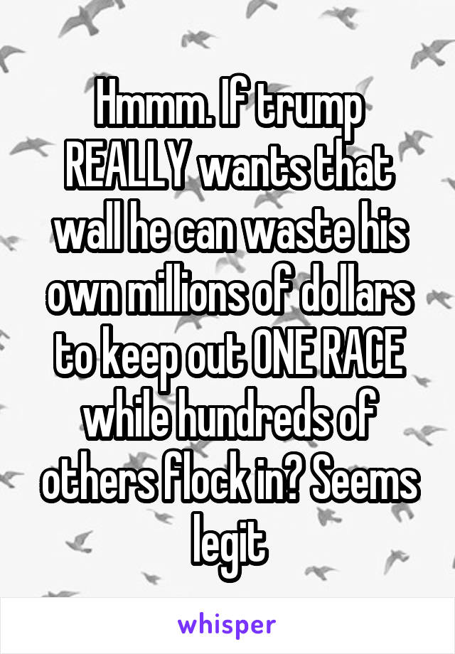 Hmmm. If trump REALLY wants that wall he can waste his own millions of dollars to keep out ONE RACE while hundreds of others flock in? Seems legit