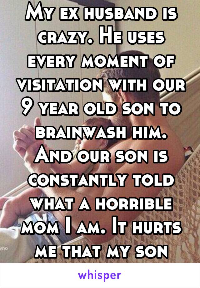 My ex husband is crazy. He uses every moment of visitation with our 9 year old son to brainwash him. And our son is constantly told what a horrible mom I am. It hurts me that my son goes through this.