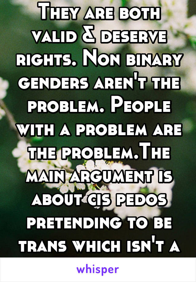 They are both valid & deserve rights. Non binary genders aren't the problem. People with a problem are the problem.The main argument is about cis pedos pretending to be trans which isn't a trans issue