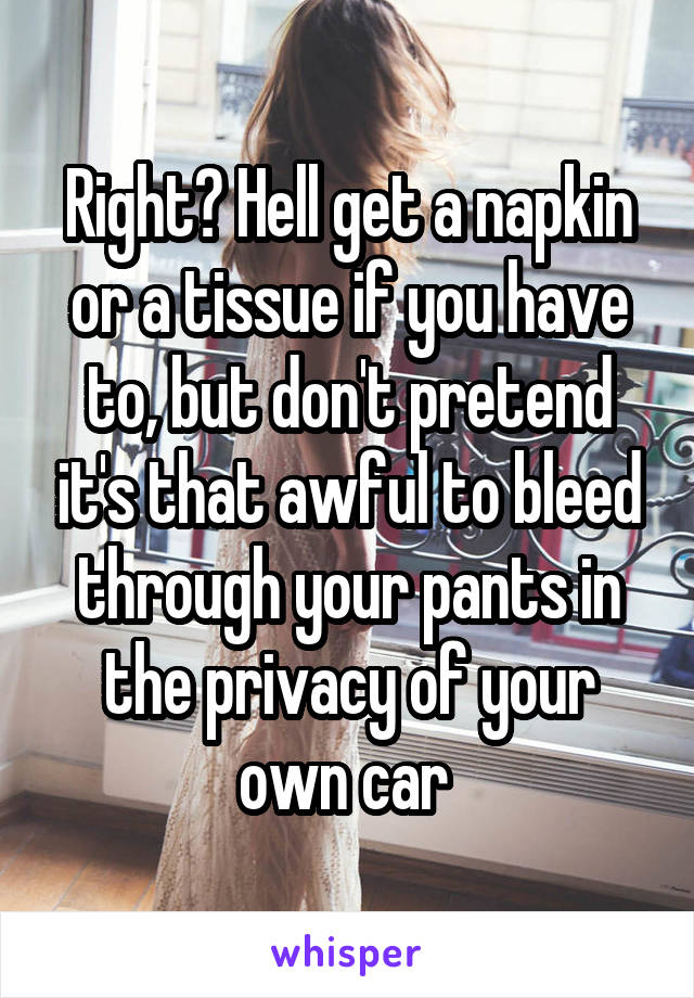 Right? Hell get a napkin or a tissue if you have to, but don't pretend it's that awful to bleed through your pants in the privacy of your own car 