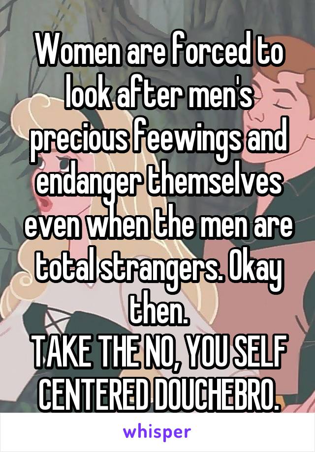 Women are forced to look after men's precious feewings and endanger themselves even when the men are total strangers. Okay then.
TAKE THE NO, YOU SELF CENTERED DOUCHEBRO.