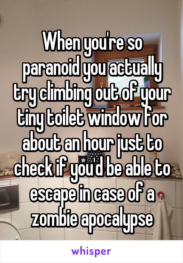 When you're so paranoid you actually try climbing out of your tiny toilet window for about an hour just to check if you'd be able to escape in case of a zombie apocalypse