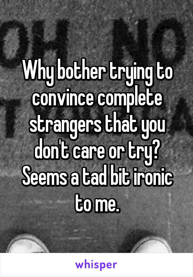 Why bother trying to convince complete strangers that you don't care or try? Seems a tad bit ironic to me.