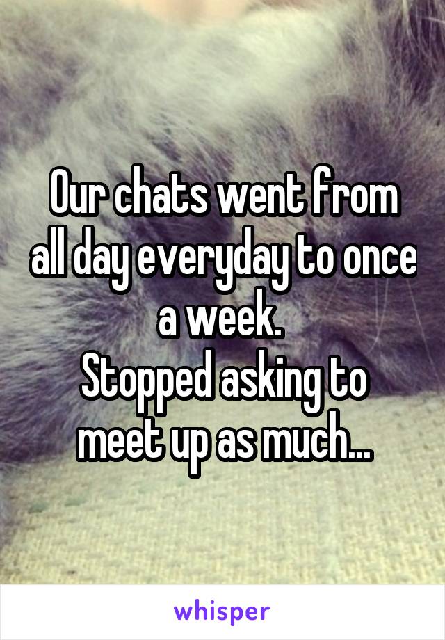 Our chats went from all day everyday to once a week. 
Stopped asking to meet up as much...