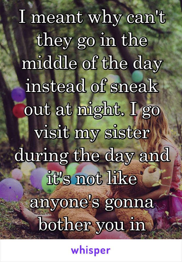 I meant why can't they go in the middle of the day instead of sneak out at night. I go visit my sister during the day and it's not like anyone's gonna bother you in cemitary.