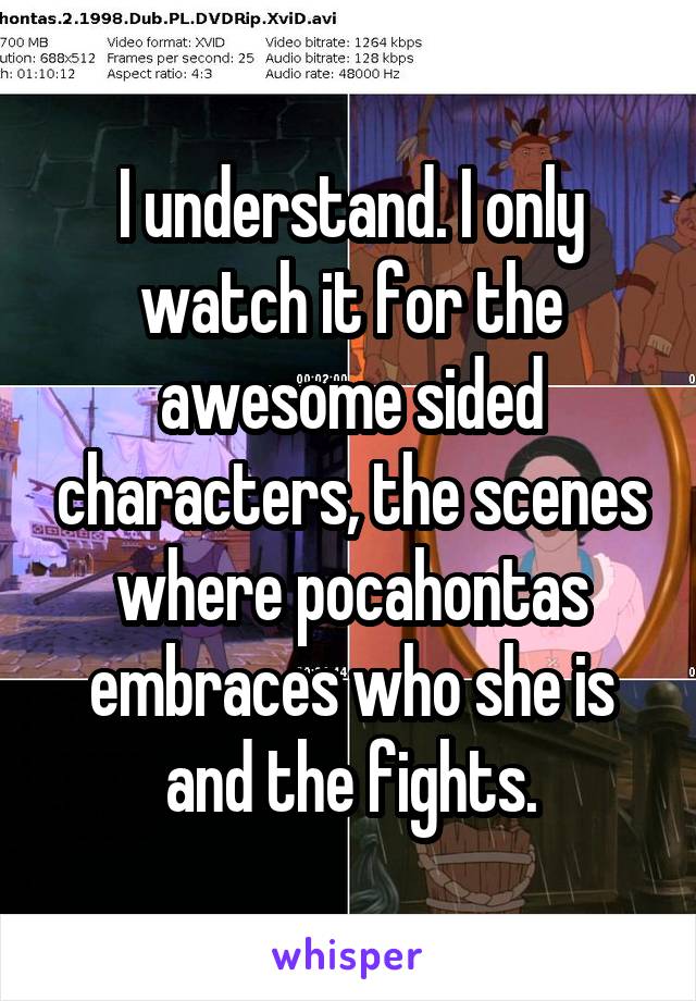 I understand. I only watch it for the awesome sided characters, the scenes where pocahontas embraces who she is and the fights.