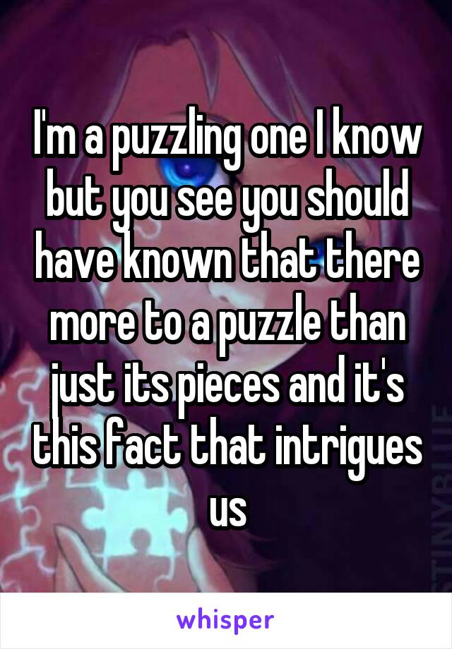 I'm a puzzling one I know but you see you should have known that there more to a puzzle than just its pieces and it's this fact that intrigues us