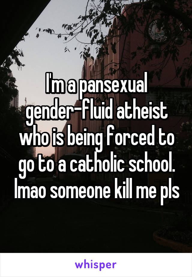 I'm a pansexual gender-fluid atheist who is being forced to go to a catholic school. lmao someone kill me pls