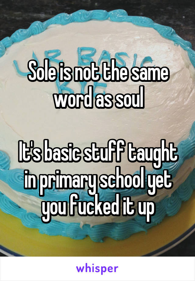 Sole is not the same word as soul

It's basic stuff taught in primary school yet you fucked it up
