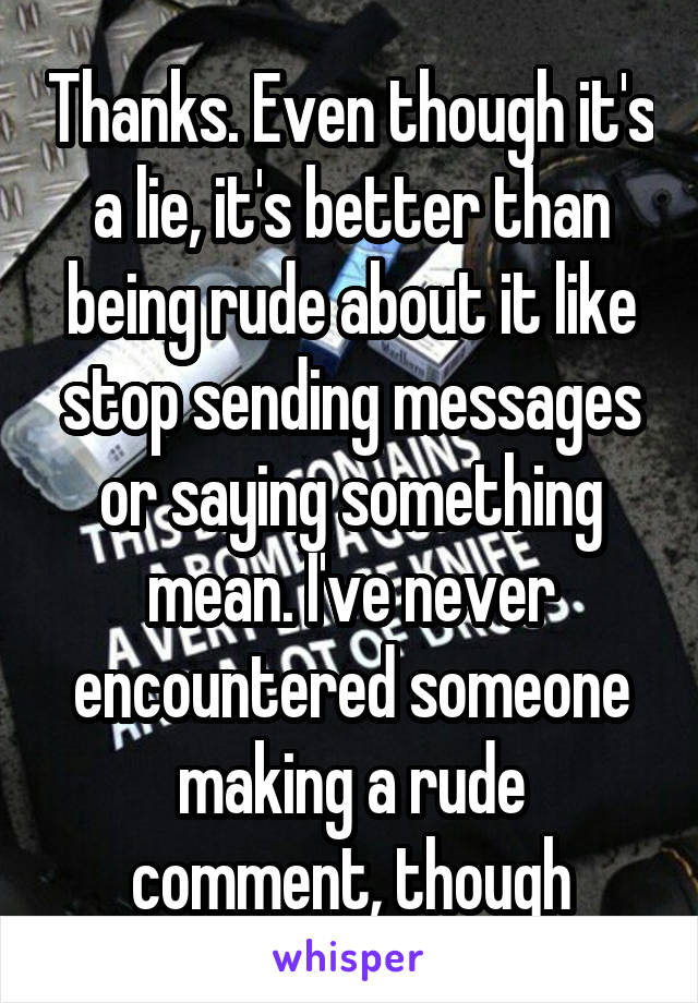 Thanks. Even though it's a lie, it's better than being rude about it like stop sending messages or saying something mean. I've never encountered someone making a rude comment, though