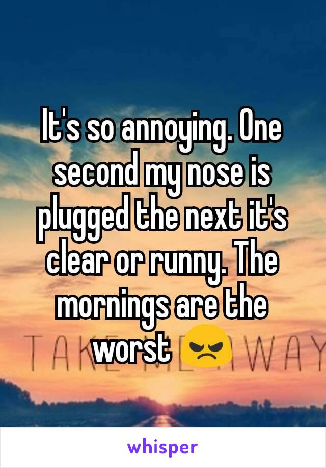 It's so annoying. One second my nose is plugged the next it's clear or runny. The mornings are the worst 😠
