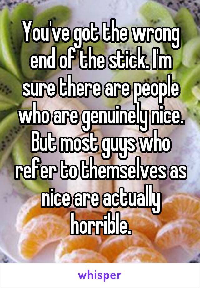 You've got the wrong end of the stick. I'm sure there are people who are genuinely nice. But most guys who refer to themselves as nice are actually horrible.
