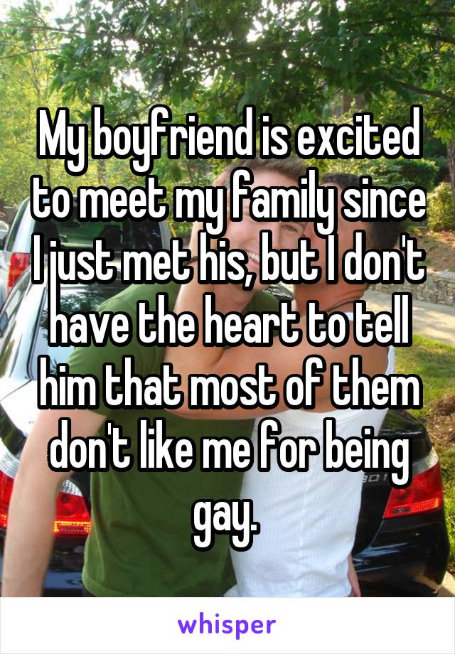 My boyfriend is excited to meet my family since I just met his, but I don't have the heart to tell him that most of them don't like me for being gay. 