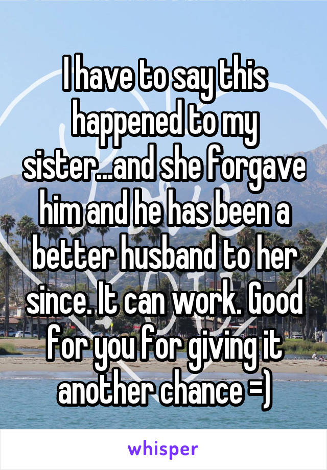 I have to say this happened to my sister...and she forgave him and he has been a better husband to her since. It can work. Good for you for giving it another chance =)