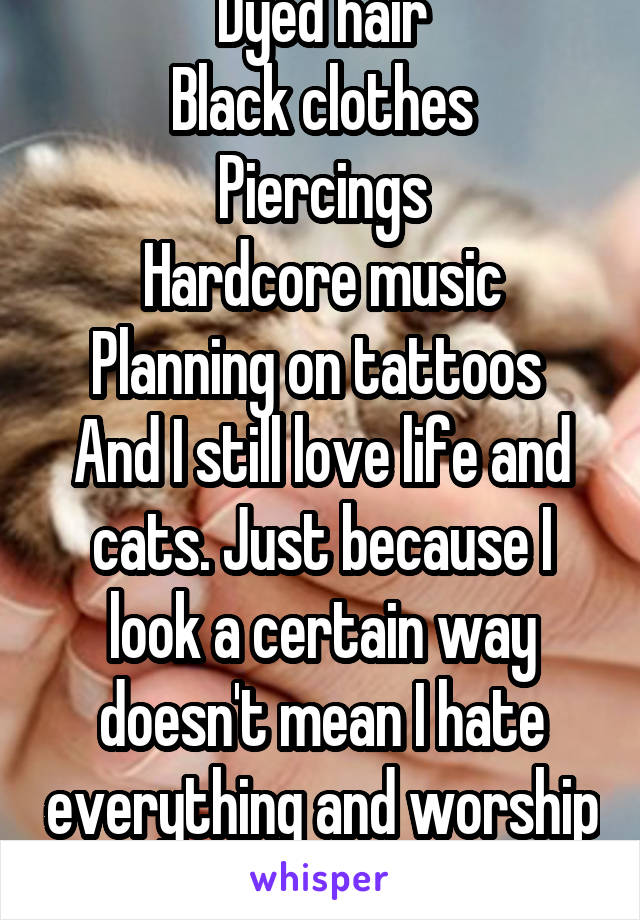 Dyed hair
Black clothes
Piercings
Hardcore music
Planning on tattoos 
And I still love life and cats. Just because I look a certain way doesn't mean I hate everything and worship Satan..