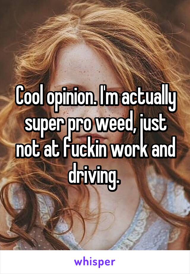 Cool opinion. I'm actually super pro weed, just not at fuckin work and driving. 