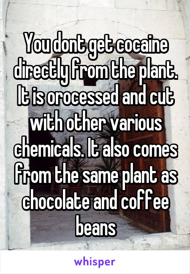 You dont get cocaine directly from the plant. It is orocessed and cut with other various chemicals. It also comes from the same plant as chocolate and coffee beans