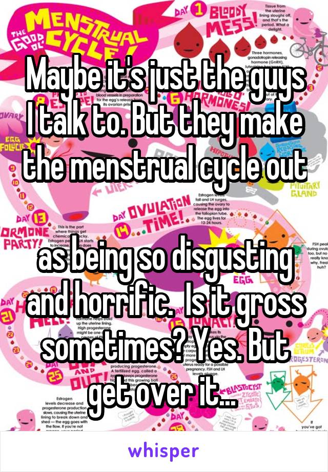 Maybe it's just the guys I talk to. But they make the menstrual cycle out 
as being so disgusting and horrific.  Is it gross sometimes? Yes. But get over it... 