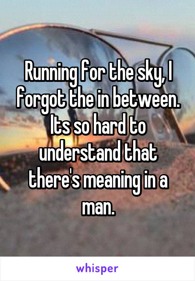 Running for the sky, I forgot the in between. Its so hard to understand that there's meaning in a man.