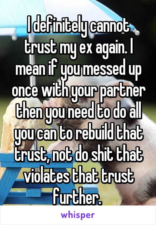 I definitely cannot trust my ex again. I mean if you messed up once with your partner then you need to do all you can to rebuild that trust, not do shit that violates that trust further. 