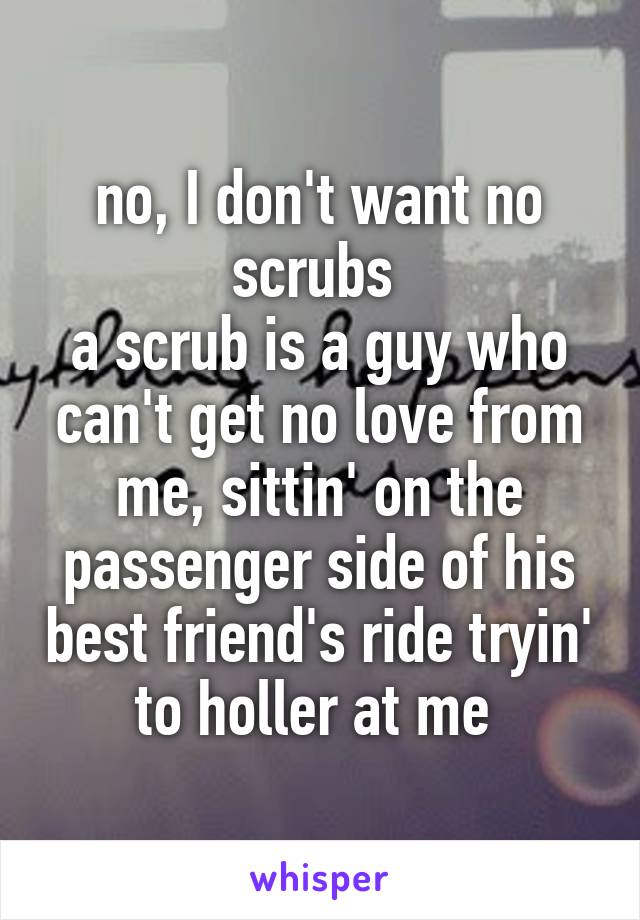 no, I don't want no scrubs 
a scrub is a guy who can't get no love from me, sittin' on the passenger side of his best friend's ride tryin' to holler at me 