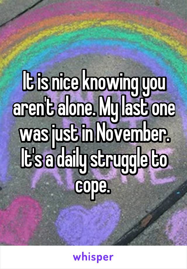 It is nice knowing you aren't alone. My last one was just in November. It's a daily struggle to cope. 