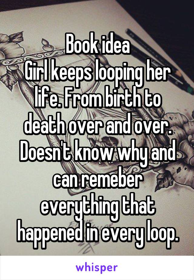 Book idea
Girl keeps looping her life. From birth to death over and over. Doesn't know why and can remeber everything that happened in every loop.