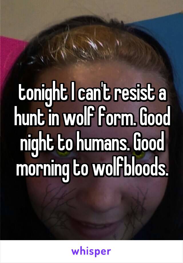 tonight I can't resist a hunt in wolf form. Good night to humans. Good morning to wolfbloods.