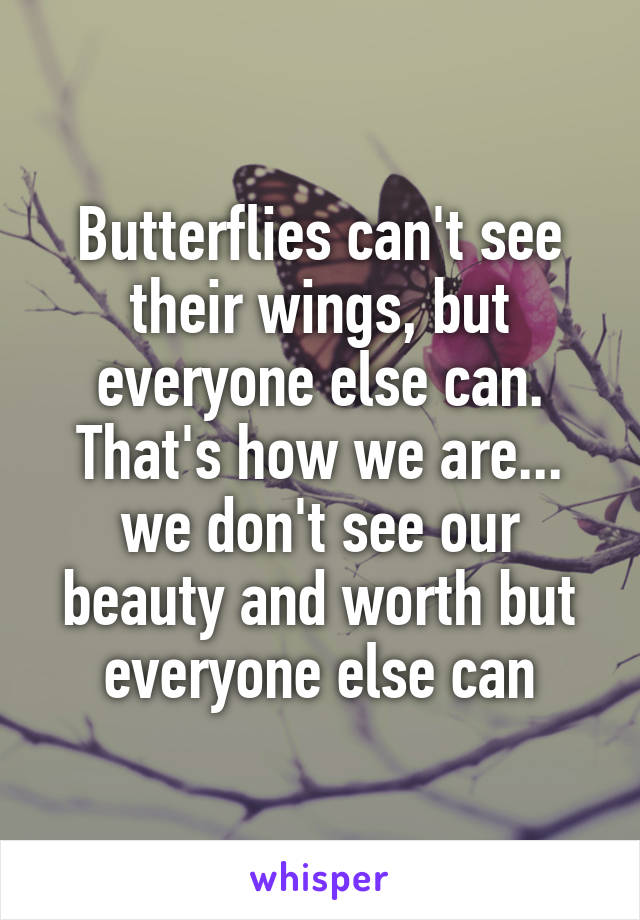 Butterflies can't see their wings, but everyone else can. That's how we are... we don't see our beauty and worth but everyone else can